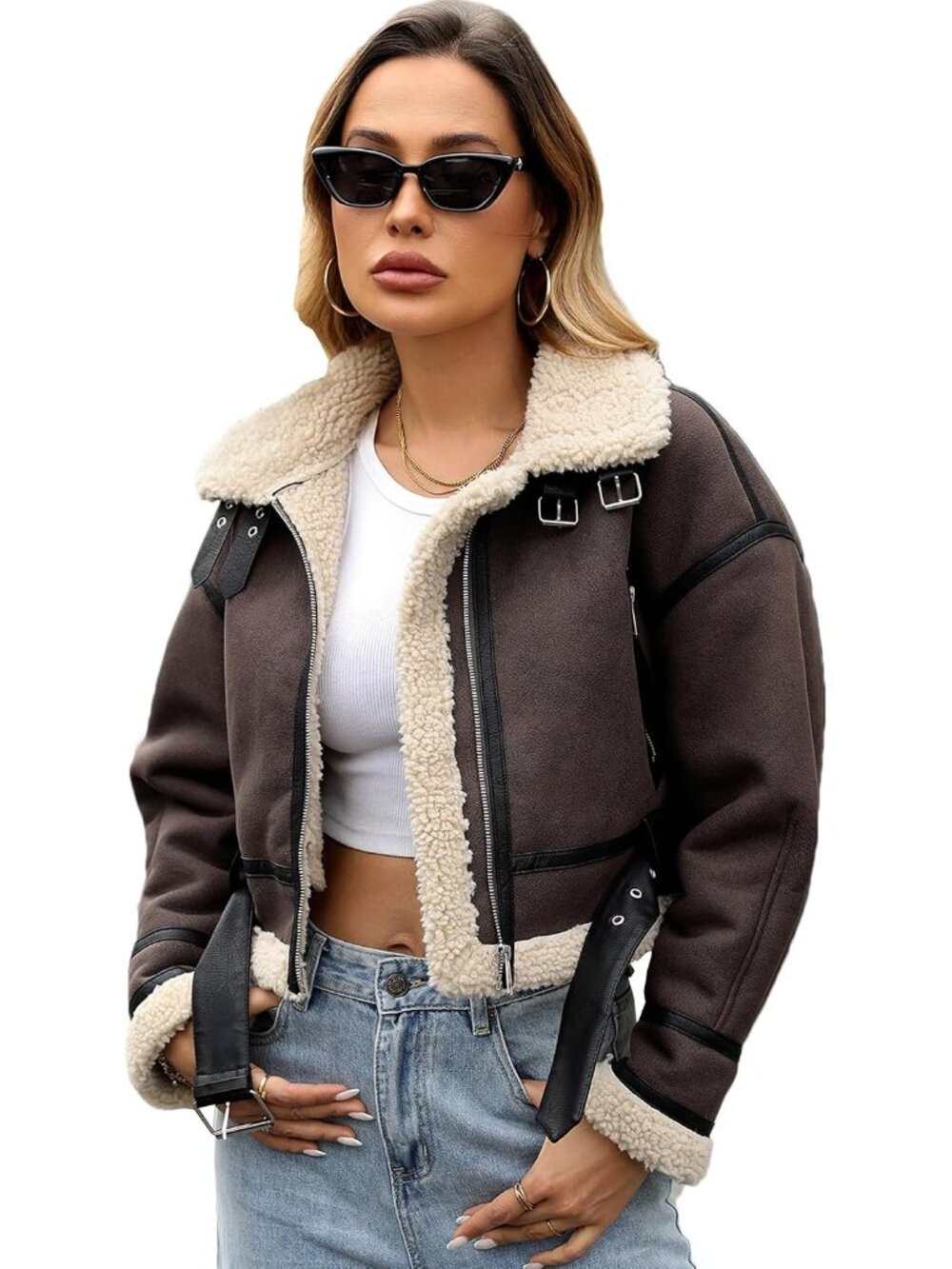 Women Maroon Faux Lamb Leather Short Jacket Loose Lapel Zipper Bomber Coat